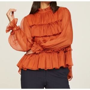 Adam Lippes Tiered Statement Ruffle Top Blouse in Brick Orange. Size 2.